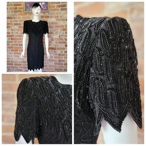Vintage 80's Black Silk Sequins Lawrence Kazar Goth Cocktail Dress w/Tags